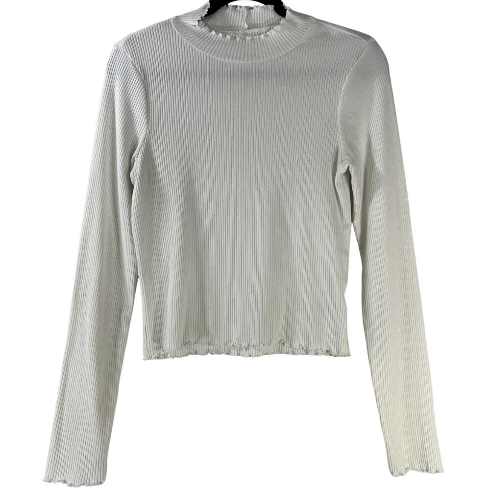 American Eagle White Ribbed Ruffle Neck Long Sleeve Top Size M